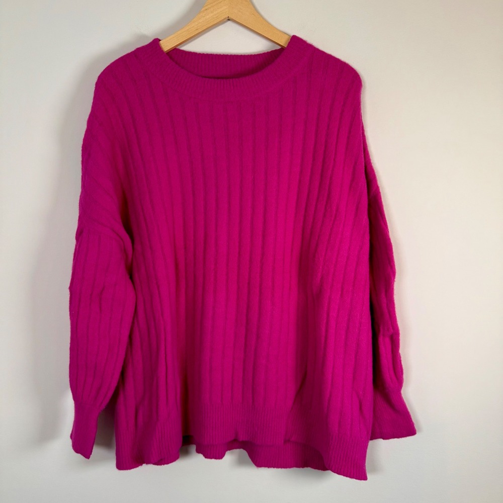 Aerie Super Soft Comfy Cozy Ribbed Crew Neck Pullover Sweater Hot Pink Medium